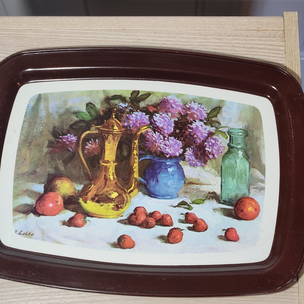 Vintage R. Colad Fruit & Flowers Rectangular Metal Tray